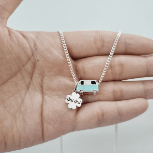 Dây chuyền bạc ta mặt xe bus mix charm cỏ 4 lá khắc tên làm quà tặng đáng yêu cho bé Le'Mare Jewelry