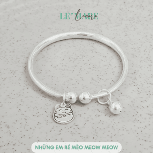 Quà tặng bạc đáng yêu cho bé: Vòng bạc ta PN02 khắc tên bé yêu mix mèo và chuông Le’Mare Jewelry