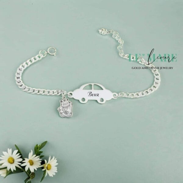 Lắc bạc ta dây dẹt mặt ôtô mix charm Mèo miễn phí khắc tên bé trai Le'Mare Jewelry