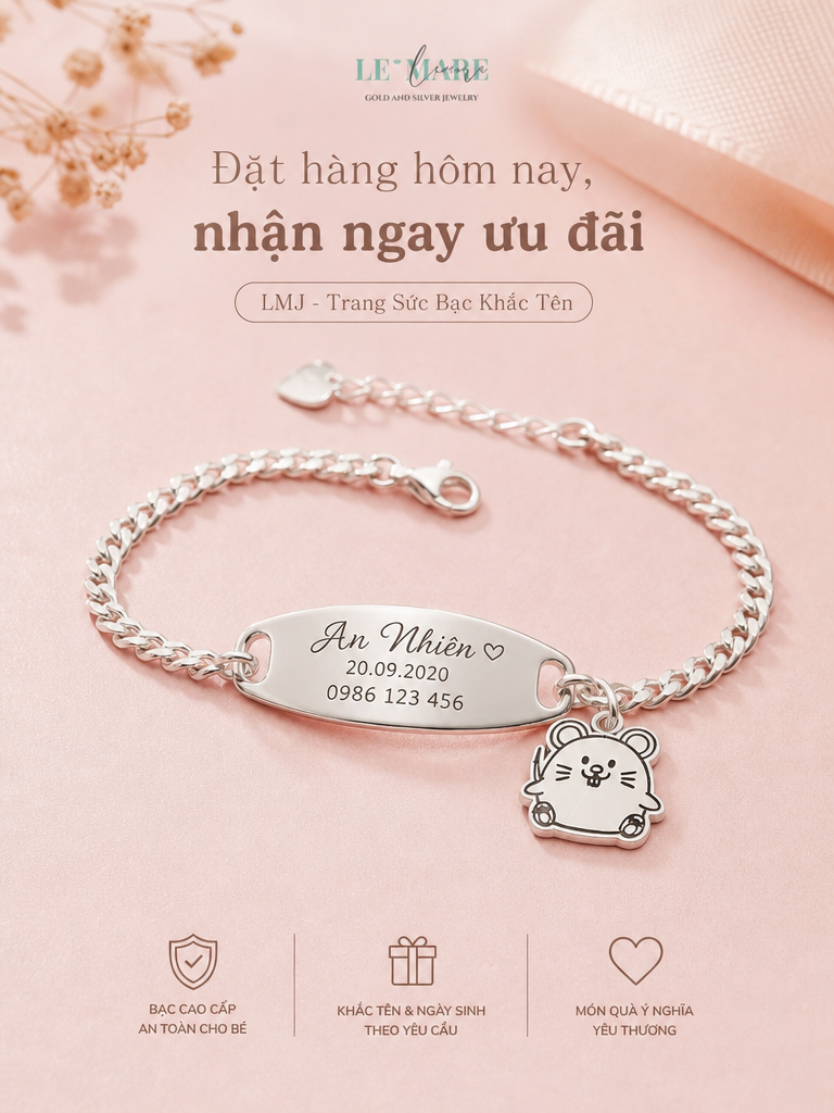 Vòng Tay Bạc Khắc Tên Theo Yêu Cầu - Miễn Phí Thiết Kế Trang sức bạc - Hình ảnh 1