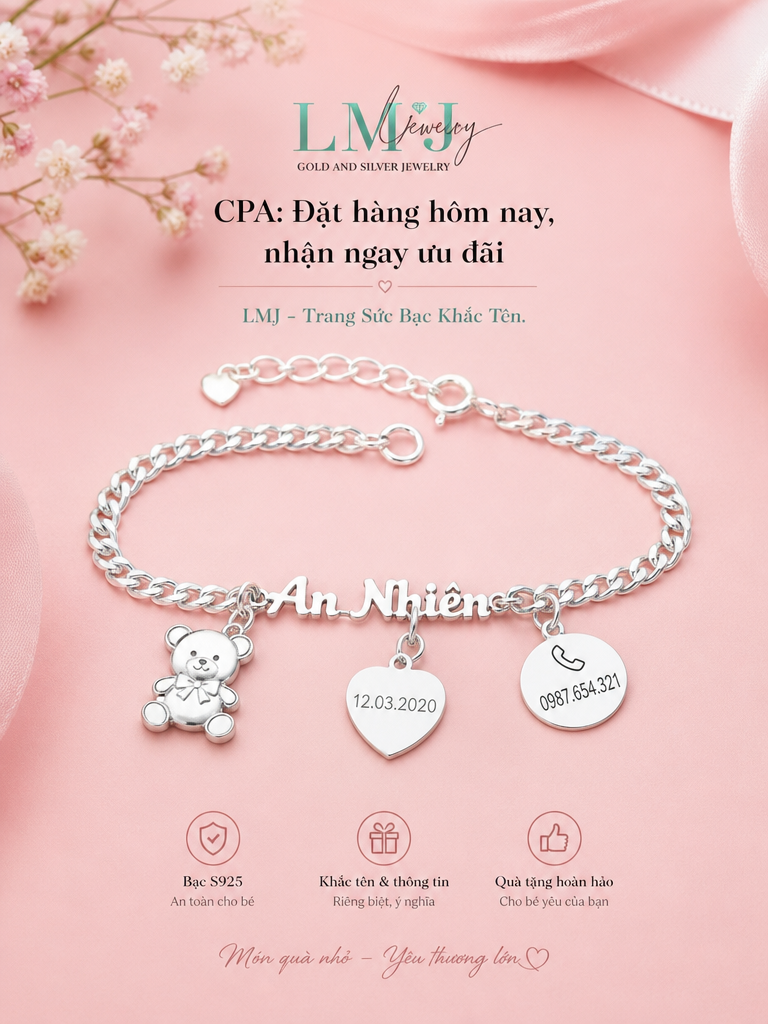 Vòng Tay Bạc Khắc Tên Theo Yêu Cầu - Miễn Phí Thiết Kế Trang sức bạc - Hình ảnh 3