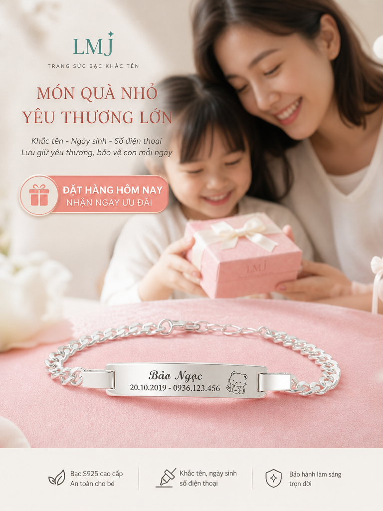 Vòng Tay Bạc Lemare Khắc Tên Theo Yêu Cầu - Quà Tặng Độc Đáo Nhẫn bạc khắc tên Lemare