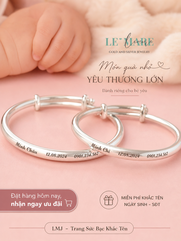 Vòng Tay Bạc Khắc Tên Cho Bé - Quà Tặng Ý Nghĩa Độc Đáo Nhẫn bạc khắc tên Lemare