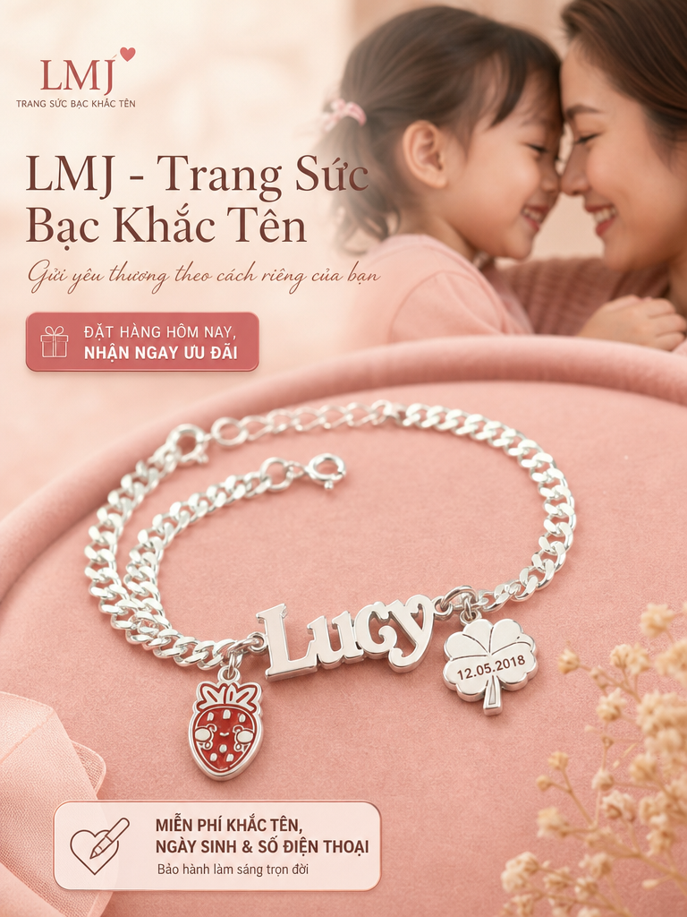 Vòng Tay Bạc Khắc Tên Cho Bé - Quà Tặng Ý Nghĩa Độc Đáo Nhẫn bạc khắc tên Lemare