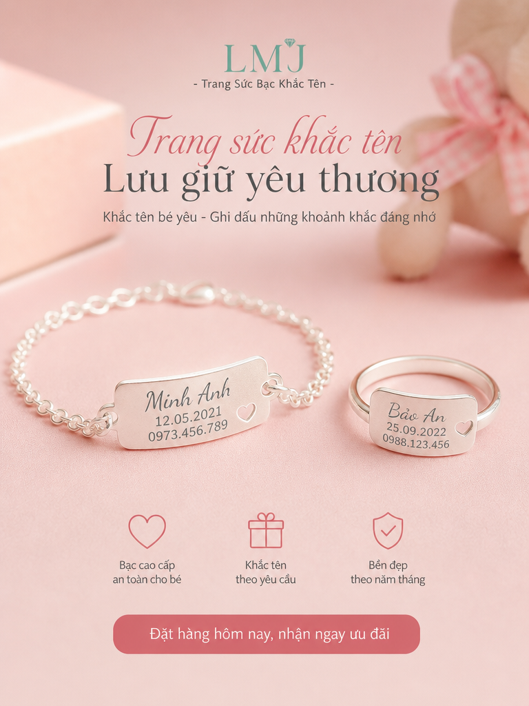 Vòng Tay Bạc Khắc Tên Cho Bé - Quà Tặng Ý Nghĩa Độc Đáo Nhẫn bạc khắc tên Lemare
